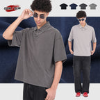 Men's 100% Cotton Vintage Snow Wash Distressed High-Street Boxy Fit Polo-Collar Short-Sleeve T-shirt