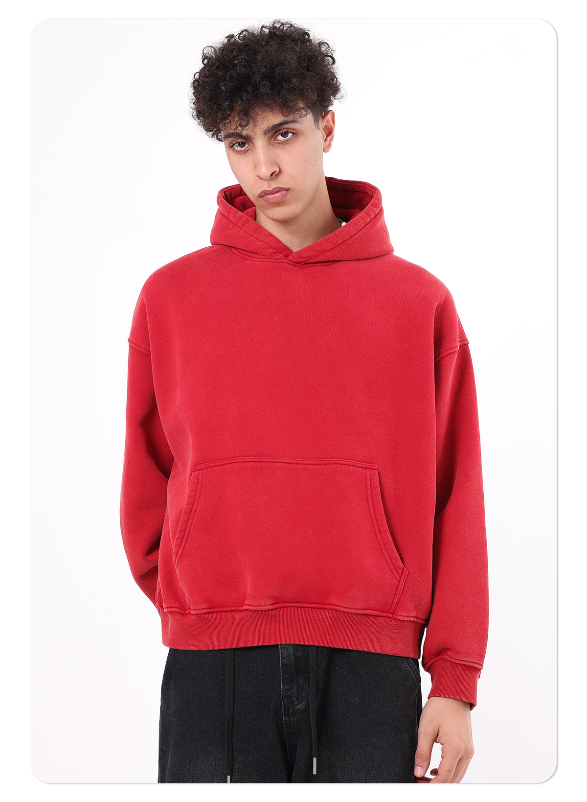 400GSM Vintage Washed Short and Wide Boxy-Fit Fleece Hooded Sweatshirt Snow-wash Loose Casual Hoodie for Men