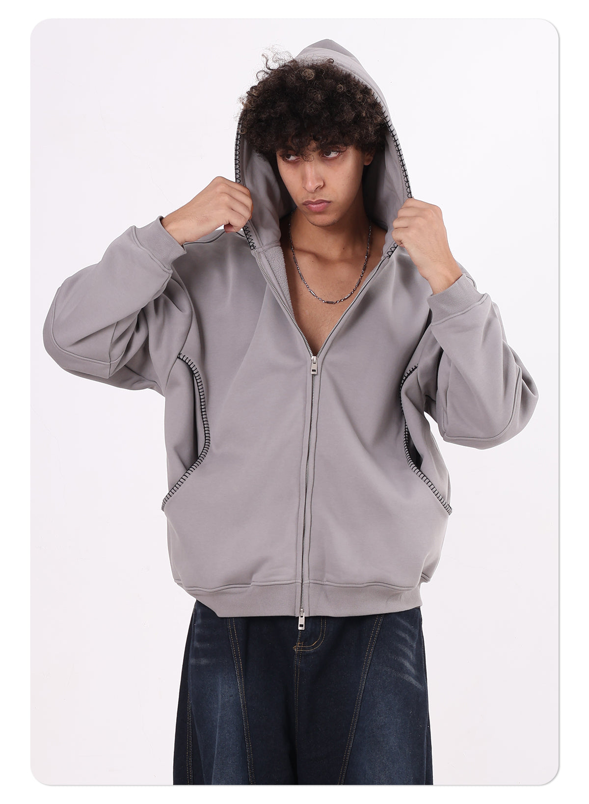 Men's Vintage Winter 385GSM Fleece Zipper-up Hooded Jacket Lock-stitch Embroidery Front-opening Zipper Hoodie