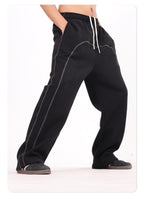 Men's 350GSM Fleece Wide Leg Pants 3-needle -thread Cover Stitch Design Casual Drawstring Contrast Color Trousers