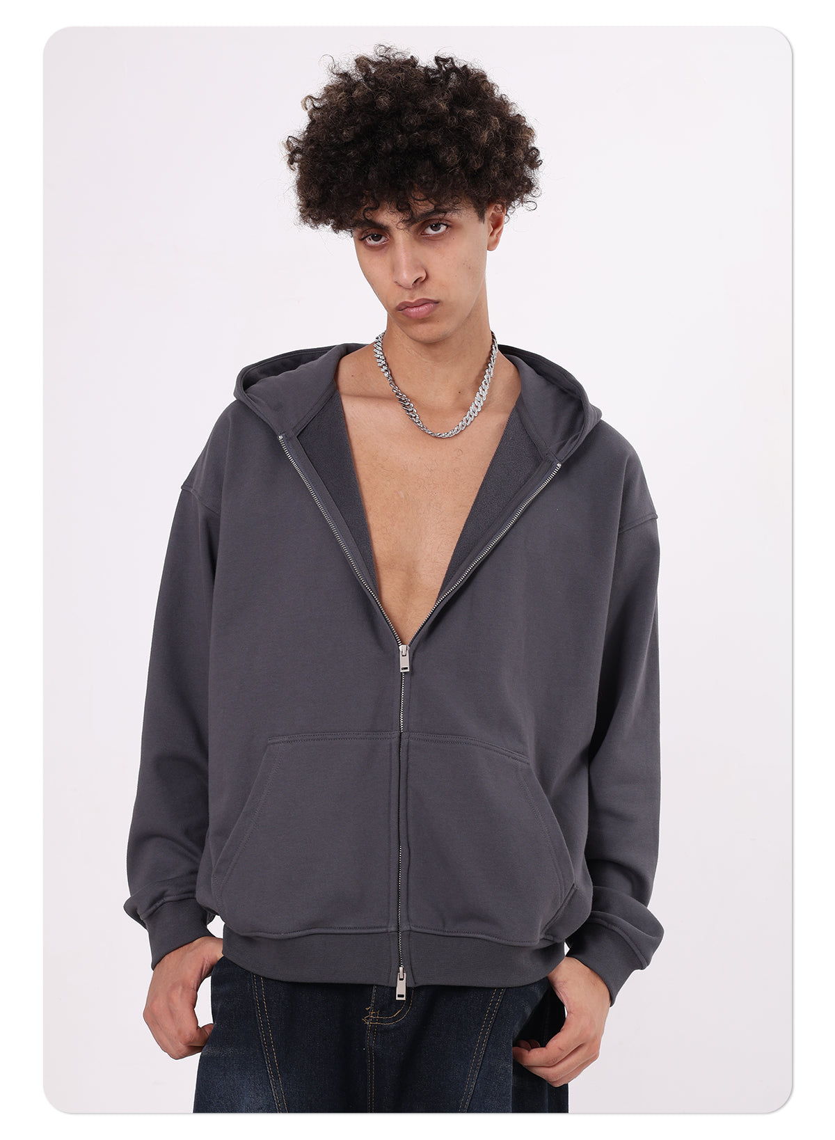 New American Style Heavyweight 445GSM Thermal Fleece Double-zipper Coat Solid Loose Zipper-up Hooded for Autumn