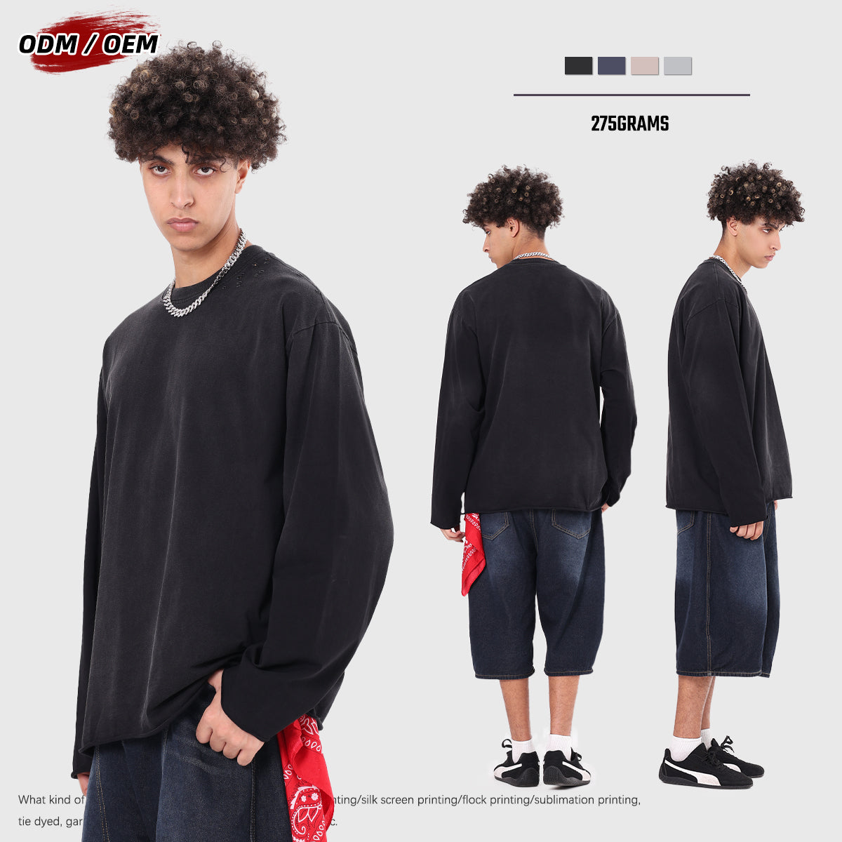 Men's High Street Vintage Oversized T-shirt Wasteland Style Jet Dyeing Autumn Long Sleeve Distressed Raw Hem Solid 100% Knitted Long Sleeve Tshirt