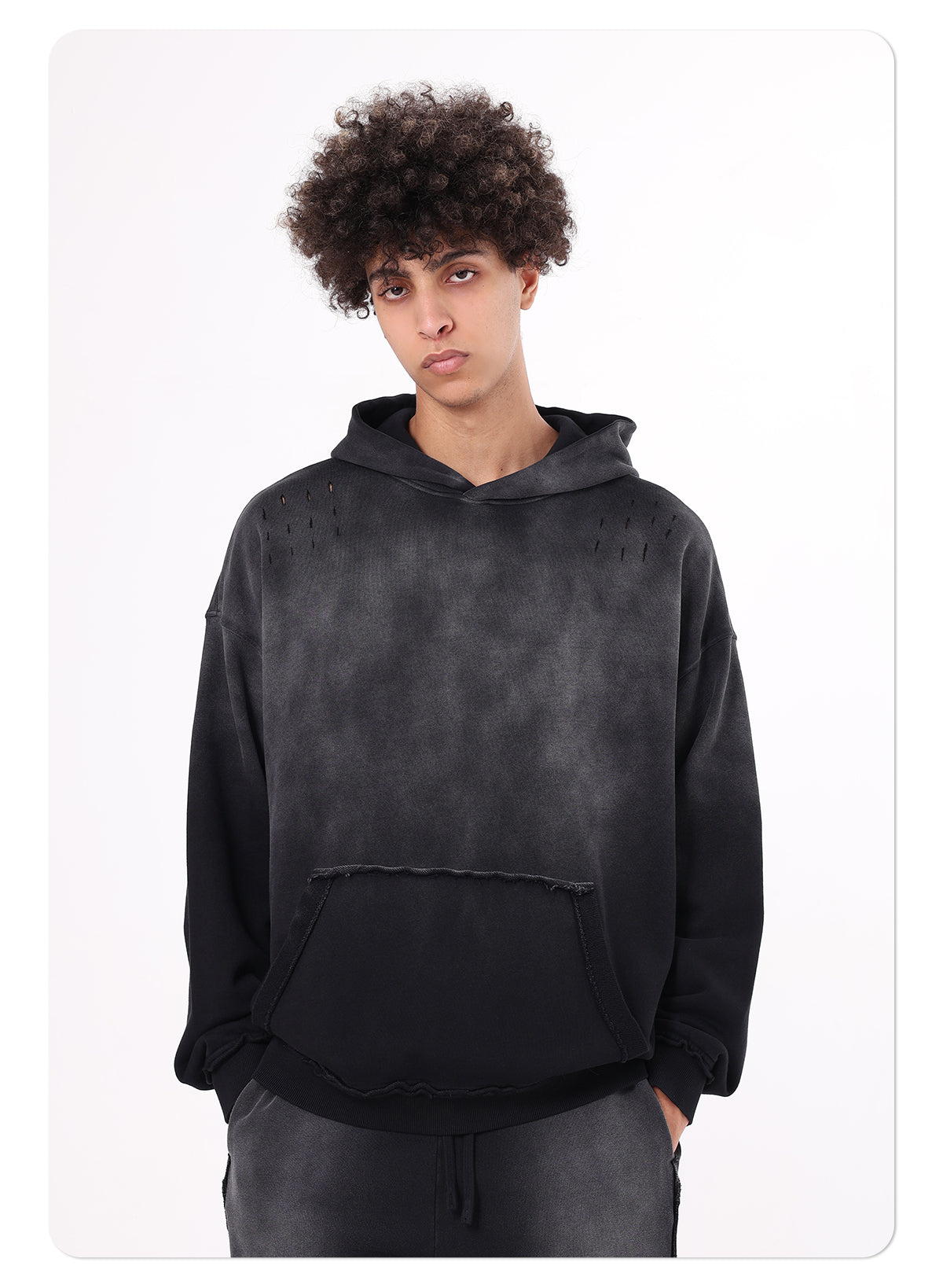 High street distressed hoodie batik washed gradient loose pure cotton American style damaged hoodie