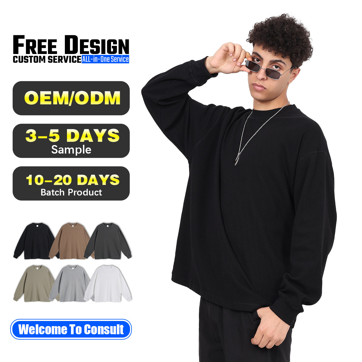 Men's High-Quality Breathable Waffle 330GSM Round-neck Loose-Fitting Casual Long-sleeved T-shirt