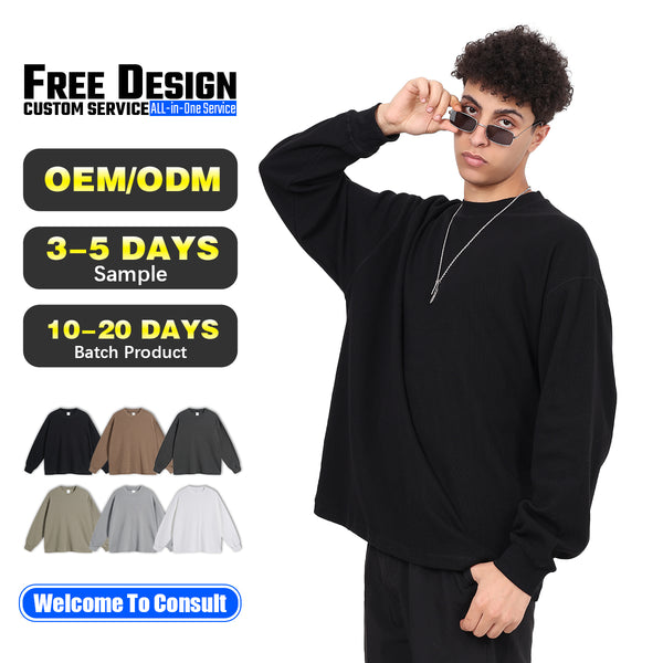 Men's High-Quality Breathable Waffle 330GSM Round-neck Loose-Fitting Casual Long-sleeved T-shirt