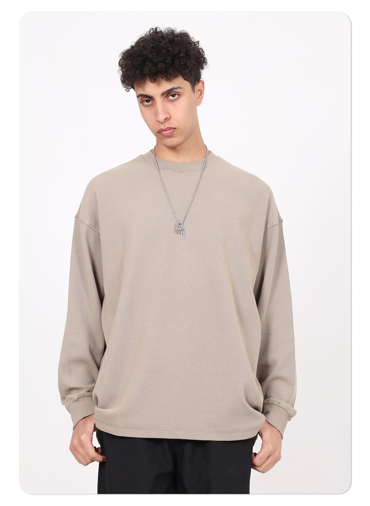 Men's High-Quality Breathable Waffle 330GSM Round-neck Loose-Fitting Casual Long-sleeved T-shirt