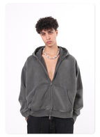 OEM Vintage Zipper-up Hoodie Washed Loose Distressed Boxy-Fit 400GSM Fleece Hooded Sweatshirt Double Zipper Men's Hoodie