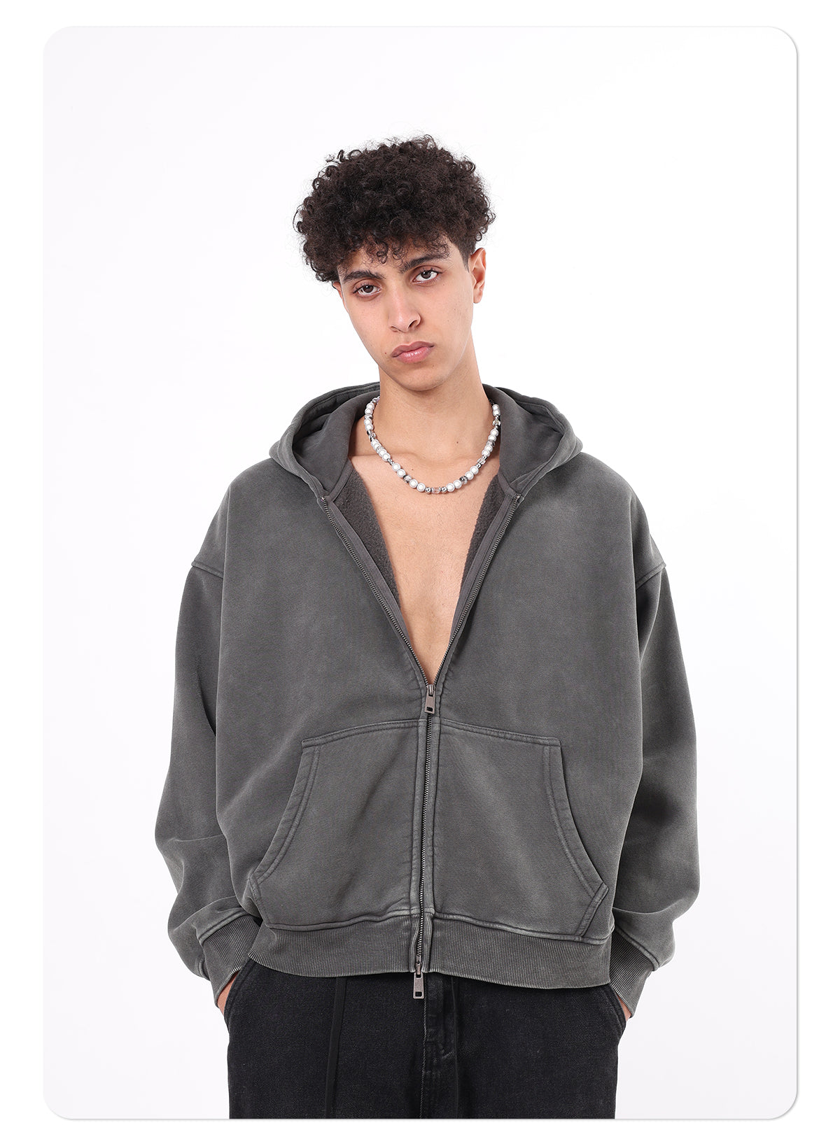 OEM Vintage Zipper-up Hoodie Washed Loose Distressed Boxy-Fit 400GSM Fleece Hooded Sweatshirt Double Zipper Men's Hoodie