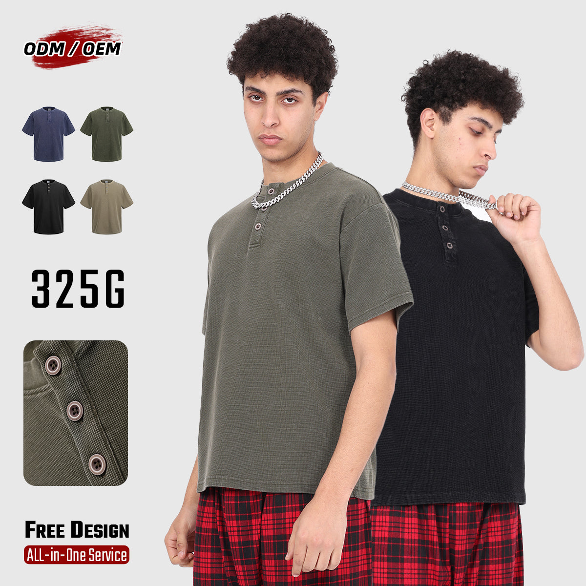 Wholesale 325g Heavyweight Waffle Henley Neck Short-sleeve Batik Washed Vintage Casual T-shirt