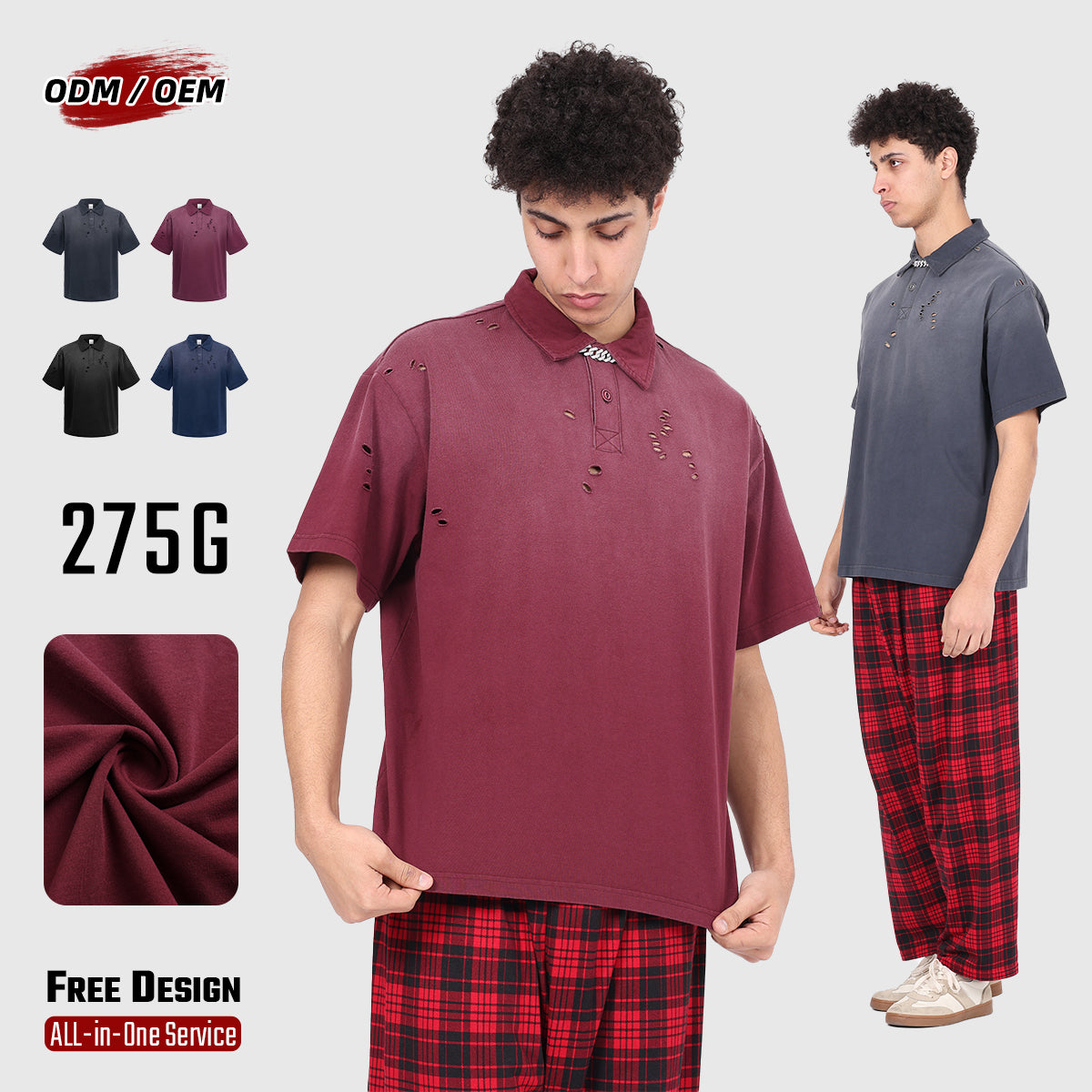 Wholesale heavyweight 275g 100% cotton washed vintage spray-stonewashed distressed ripped short-sleeve T-shirt