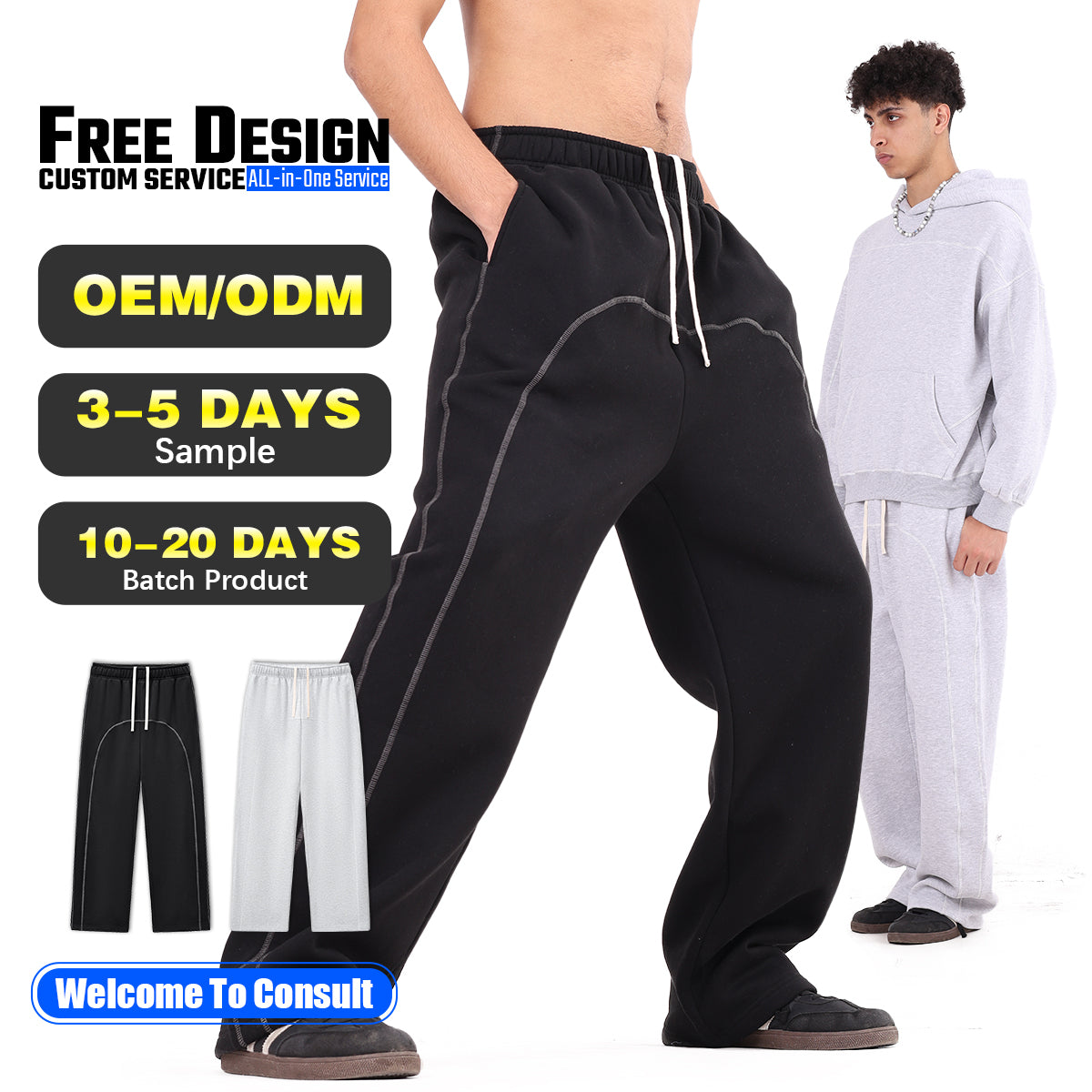 Men's 350GSM Fleece Wide Leg Pants with 3-Needle Cover Stitch Design, Casual Drawstring, and Contrast Color