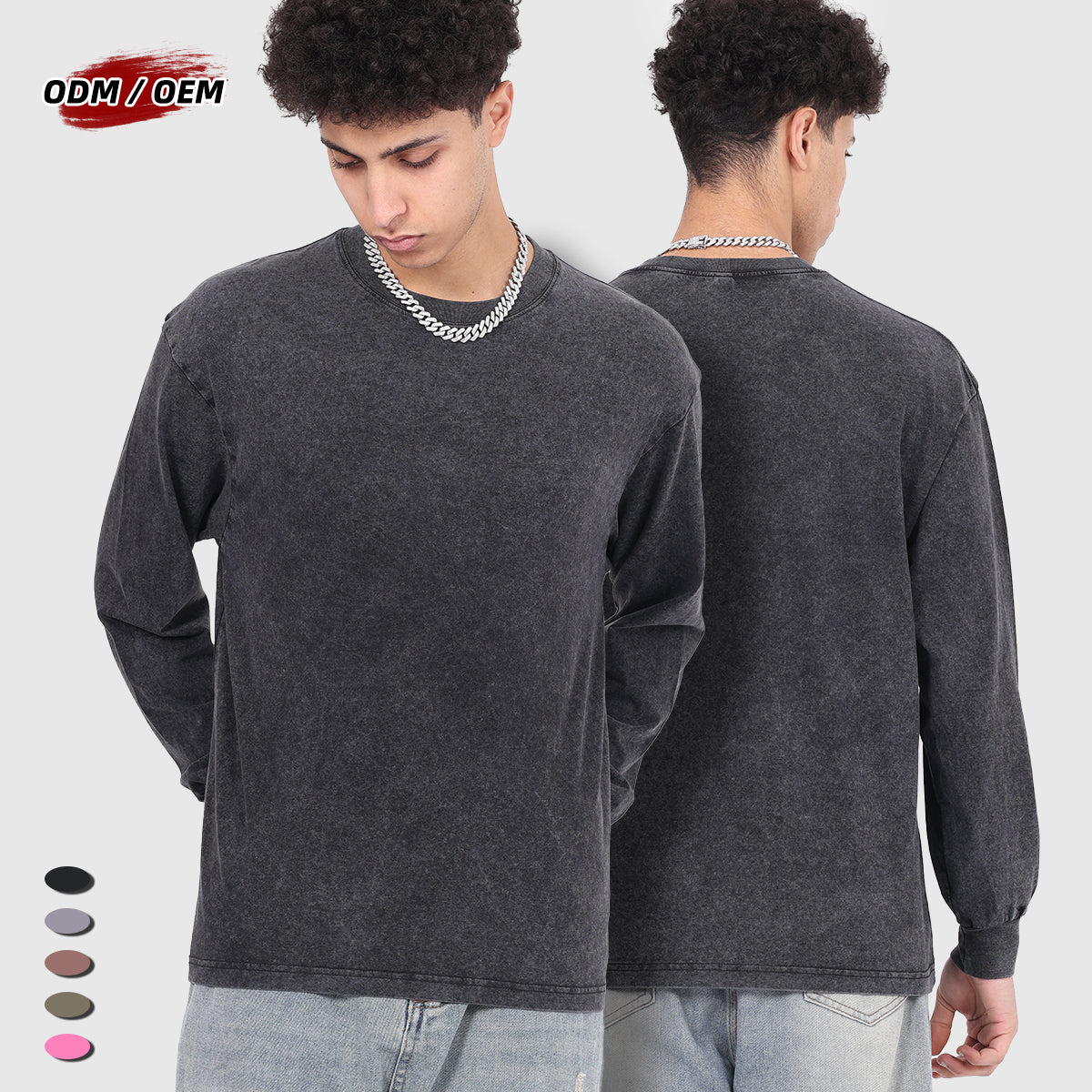 100% cotton, 230g heavyweight vintage distressed washed drop shoulder long-sleeve oversized t-shirt