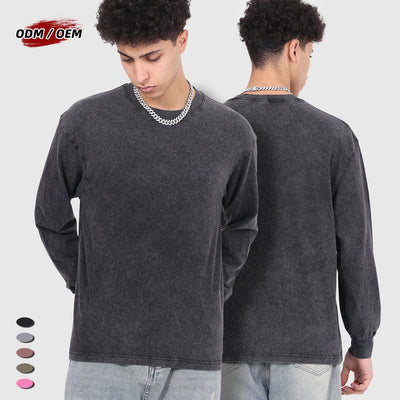 100% cotton, 230g heavyweight vintage distressed washed drop shoulder long-sleeve oversized t-shirt