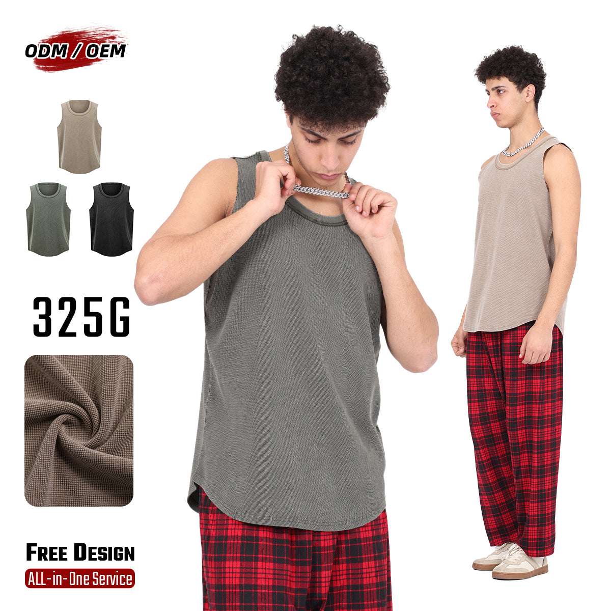 Vintage 325g Waffle U-neck Batik Washed Reverse Topstitching Raw-Edge Hem Sleeveless T-shirt