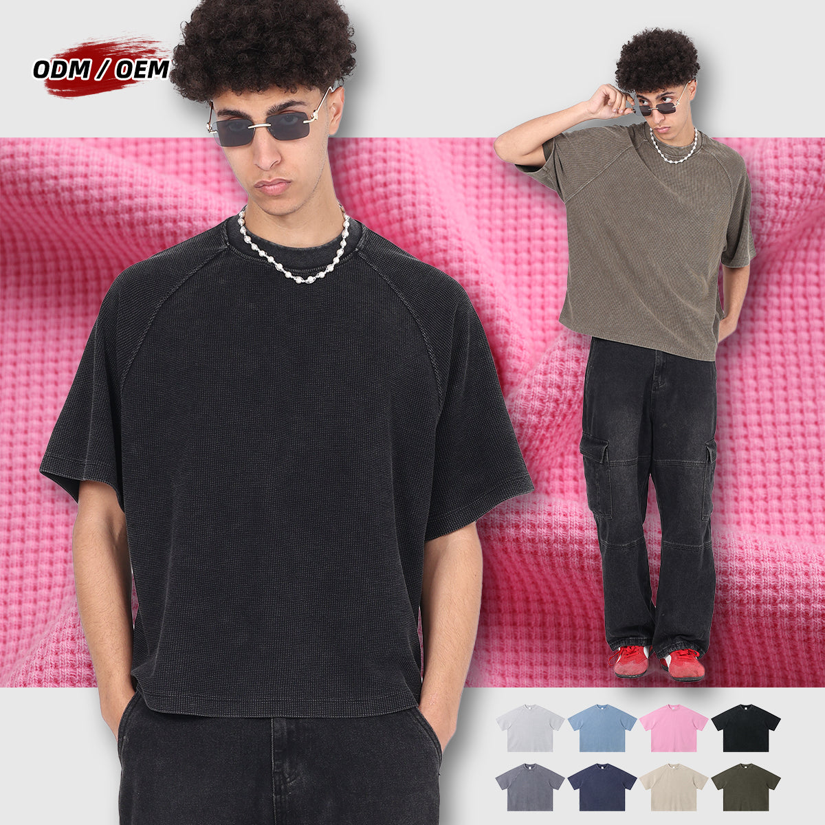 Men's Summer Basic Vintage Washed Boxy-Fit Waffle Raglan T-shirt Oversized Print Logo Streetwear T-shirt