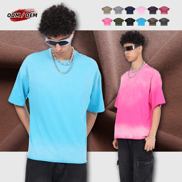 Men's Vintage Stone Wash Streetwear Boxy-Fit Spray-on Fading Distressed Edge Oversized Summer T-shirt