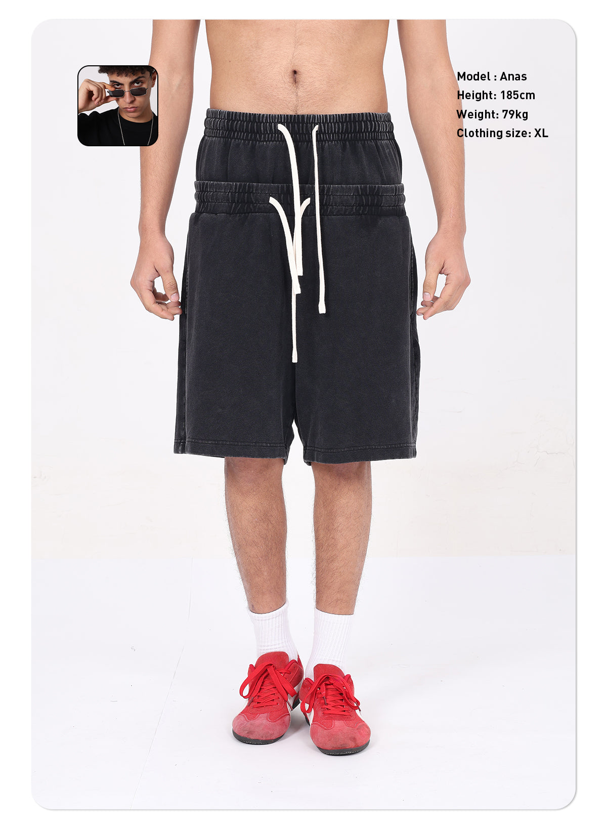 320GSM Men's Vintage Washed Double Waistband Shorts with Snowflake Distressed Finish, Dual Waistband, West Coast Inspired Design