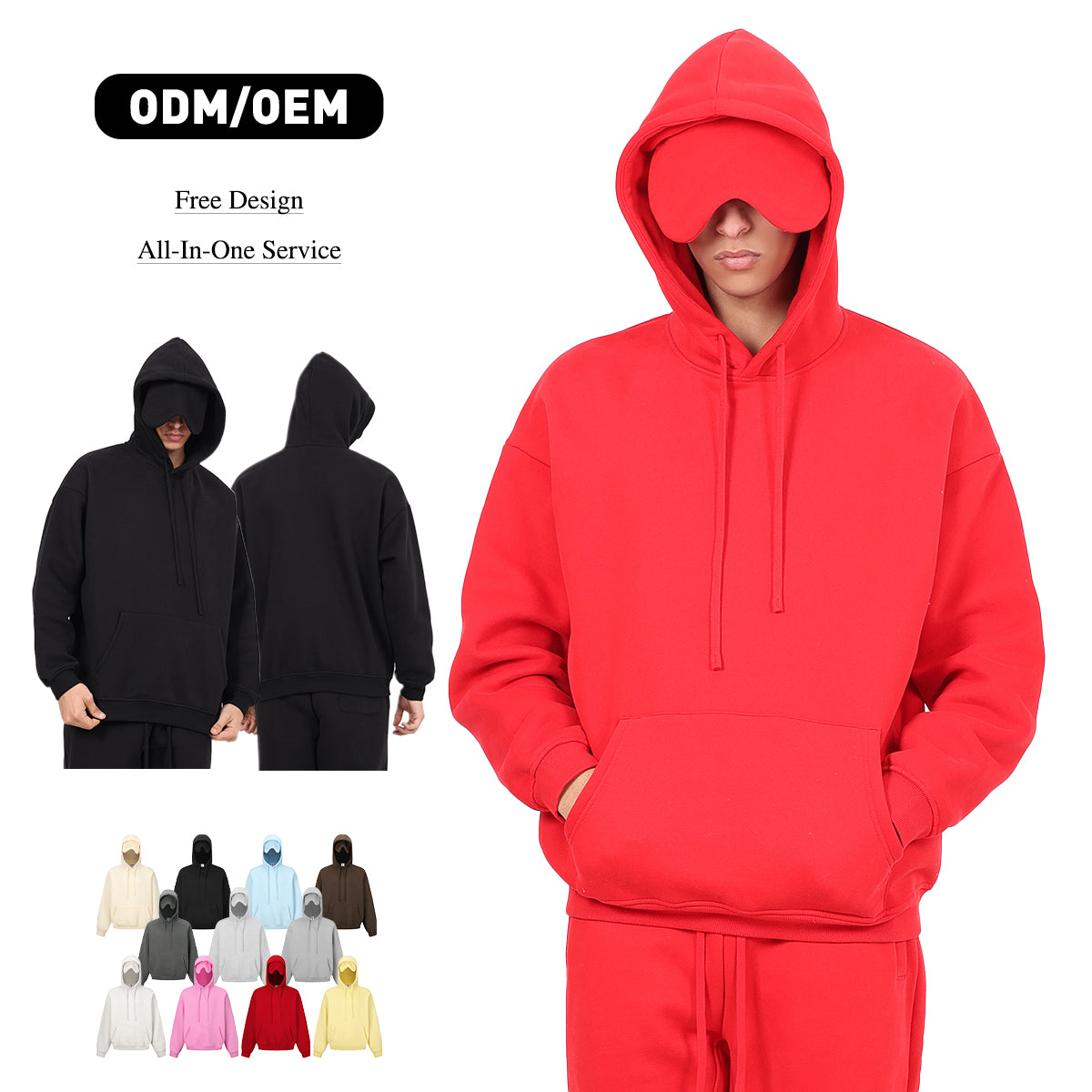 Winter New Style Eye Mask Solid Hoodies OEM Service Custom Print Logo 350 Grams Loose Hip Hop Fleece Hooded For Men