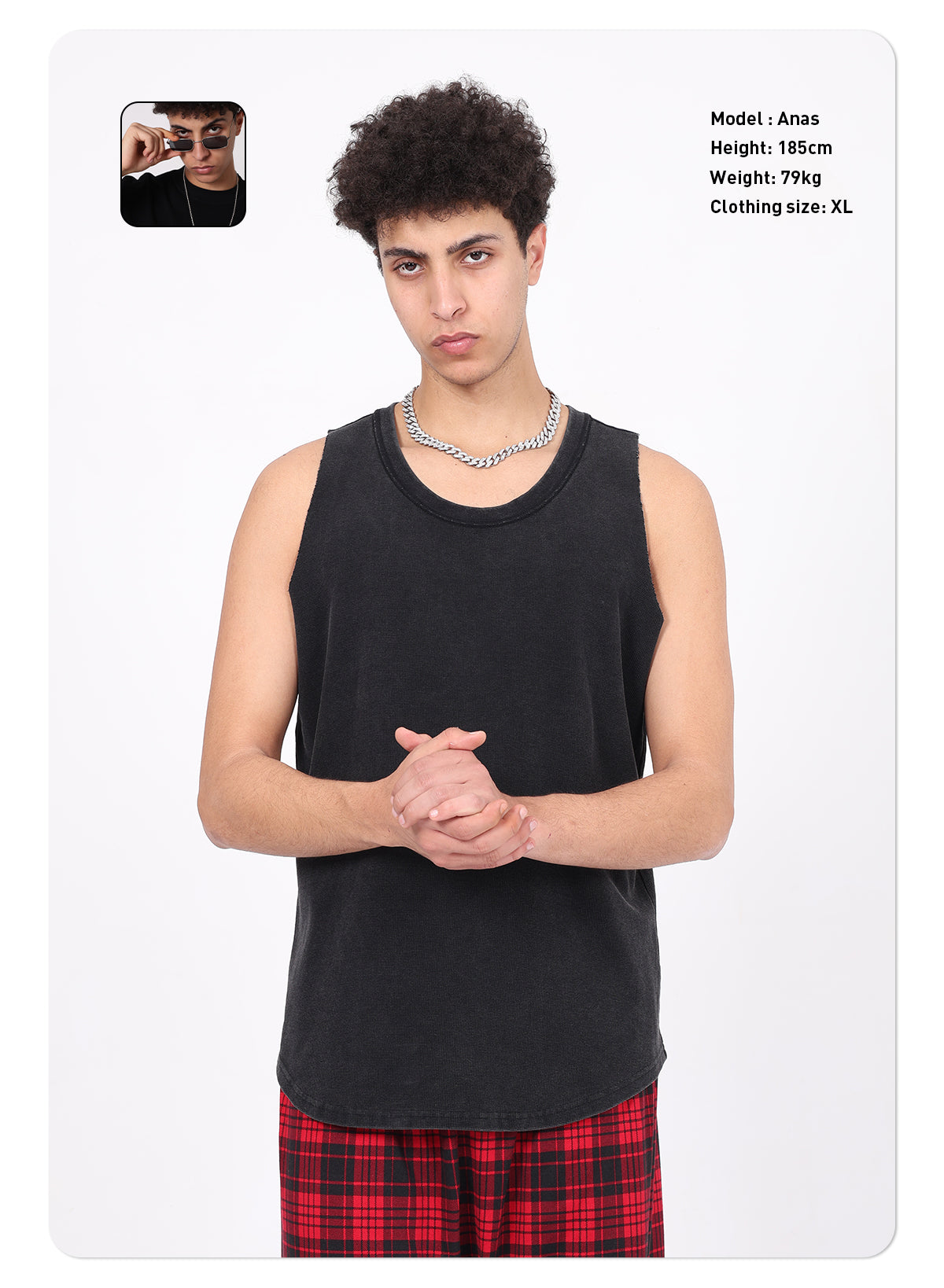 Vintage 325g Waffle U-neck Batik Washed Reverse Topstitching Raw-Edge Hem Sleeveless T-shirt