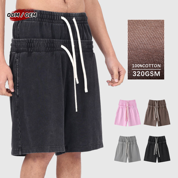 320GSM Men's Vintage Washed Double Waistband Shorts with Snowflake Distressed Finish, Dual Waistband, West Coast Inspired Design