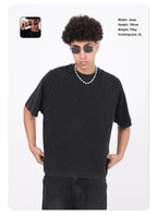 Men's 100% Cotton Vintage Snow Wash Distressed High-Street Boxy Fit Polo-Collar Short-Sleeve T-shirt