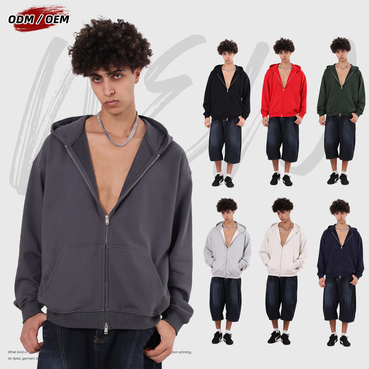 New American Style Heavyweight 445GSM Thermal Fleece Double-zipper Coat Solid Loose Zipper-up Hooded for Autumn