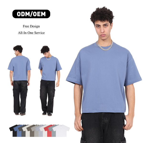 High Quality 230GSM 100% Cotton Basic Boxy Short and Wide Short-sleeve T-shirt Solid O-neck T-shirt for Men
