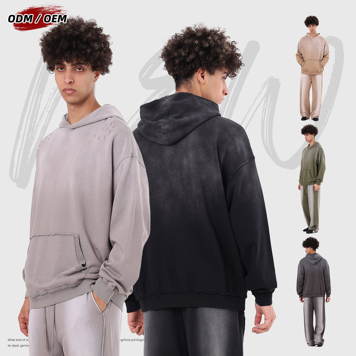 High street distressed hoodie batik washed gradient loose pure cotton American style damaged hoodie