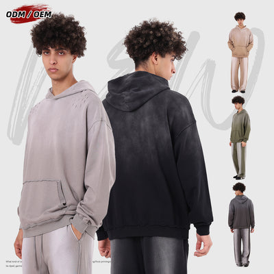 High street distressed hoodie batik washed gradient loose pure cotton American style damaged hoodie