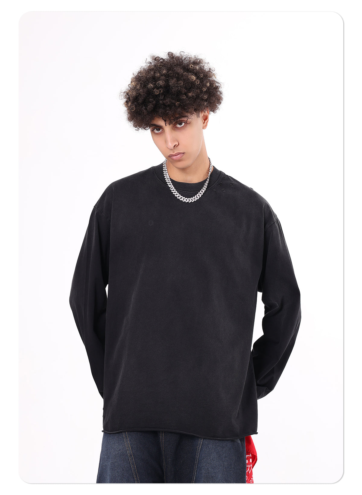 Men's High Street Vintage Oversized T-shirt Wasteland Style Jet Dyeing Autumn Long Sleeve Distressed Raw Hem Solid 100% Knitted Long Sleeve Tshirt