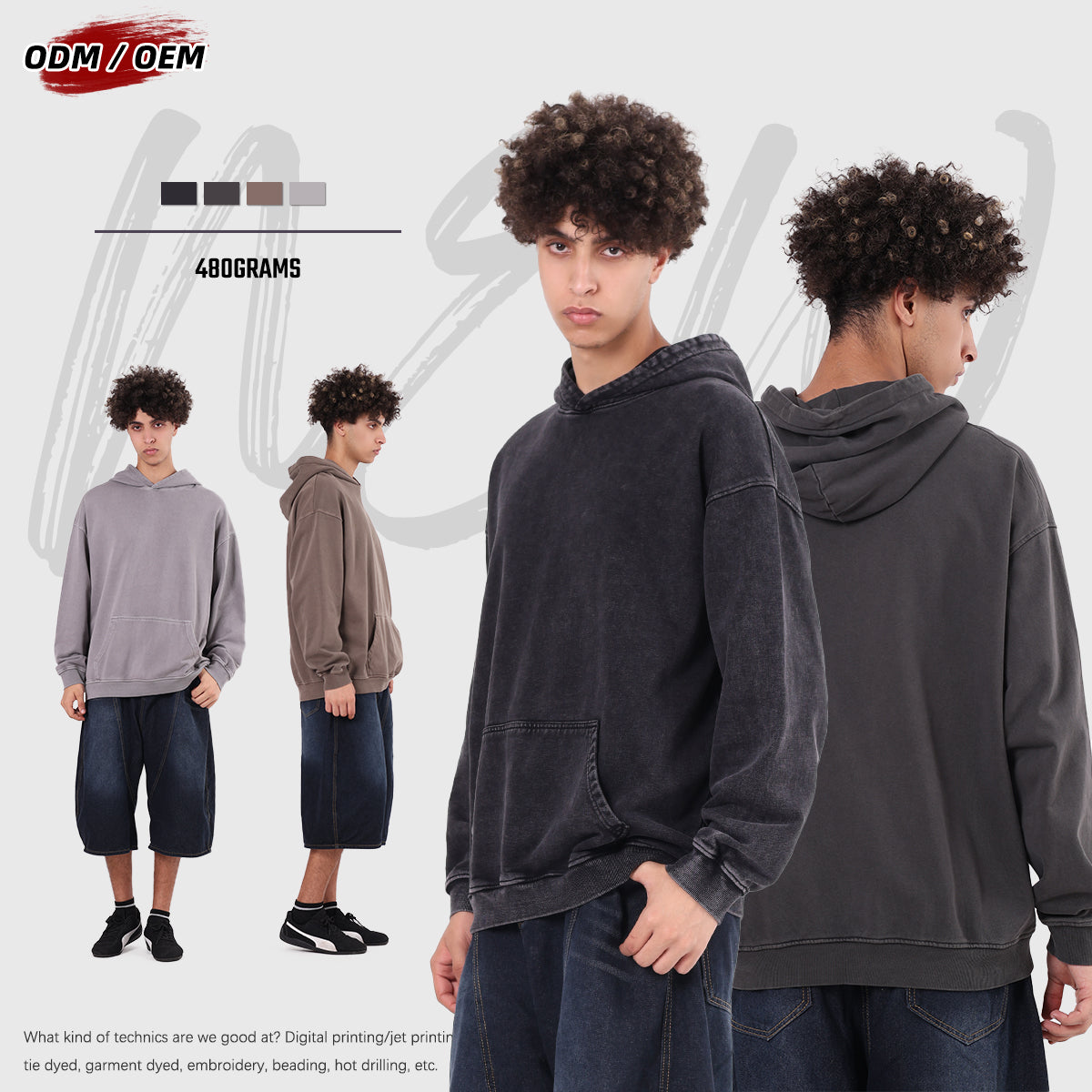 Heavyweight 480g Cotton Batik Hoodie Vintage Custom Washed Pullover Streetwear Men's Loose Hoodie for Winter