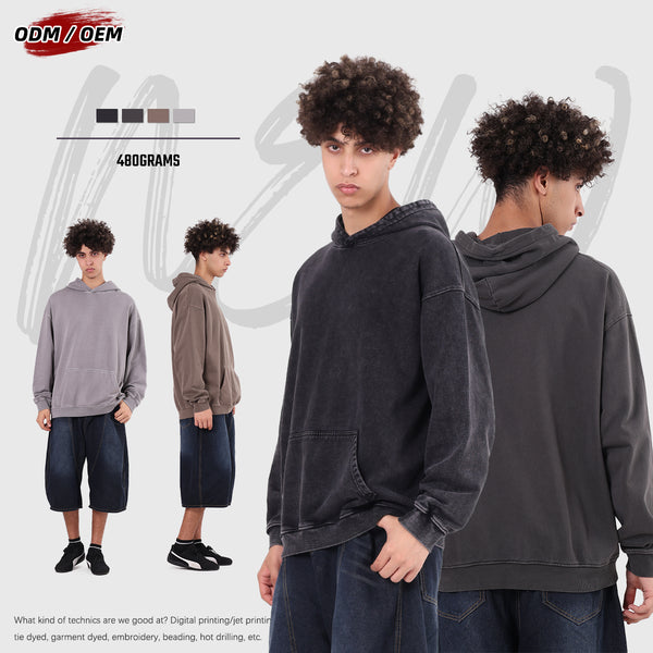 Heavyweight 480g Cotton Batik Hoodie Vintage Custom Washed Pullover Streetwear Men's Loose Hoodie for Winter