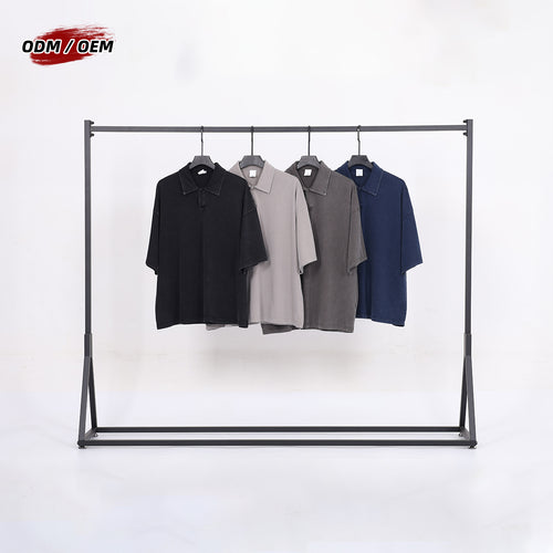 Men's 100% Cotton Vintage Snow Wash Distressed High-Street Boxy Fit Polo-Collar Short-Sleeve T-shirt