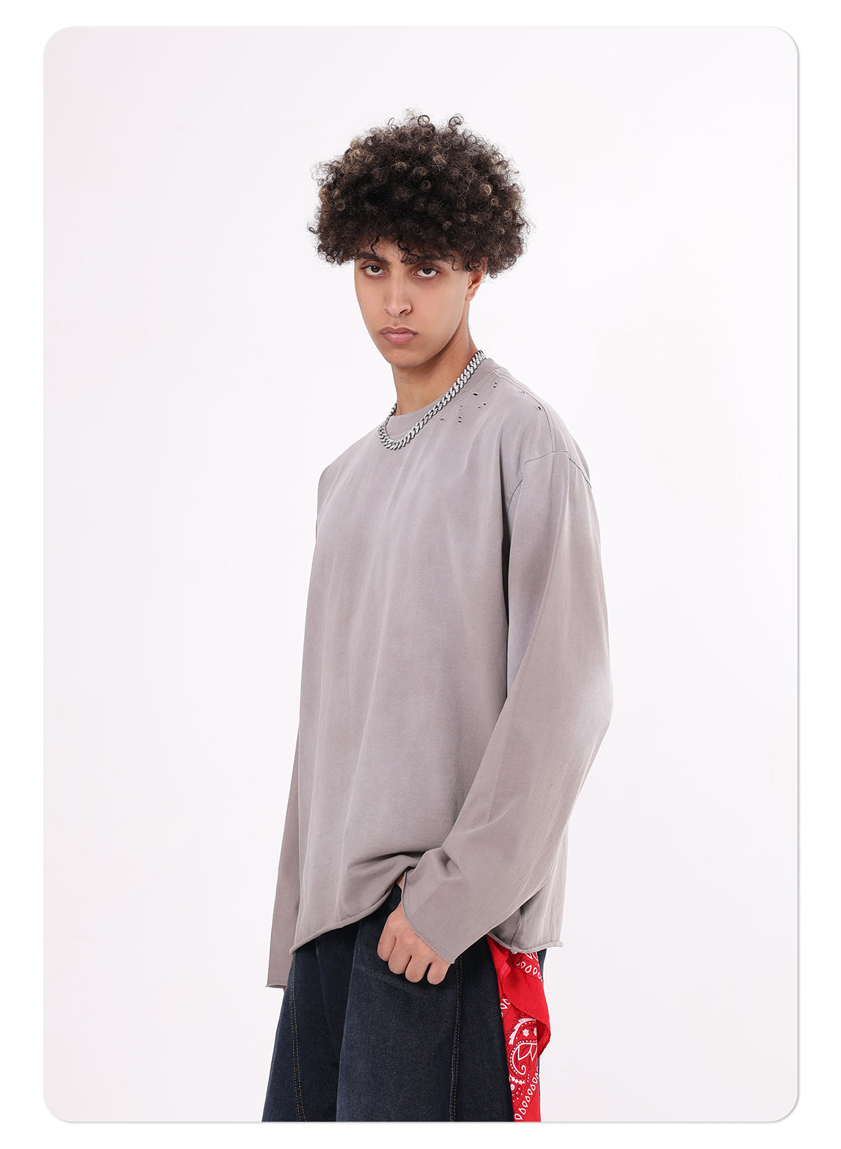 Men's High Street Vintage Oversized T-shirt Wasteland Style Jet Dyeing Autumn Long Sleeve Distressed Raw Hem Solid 100% Knitted Long Sleeve Tshirt