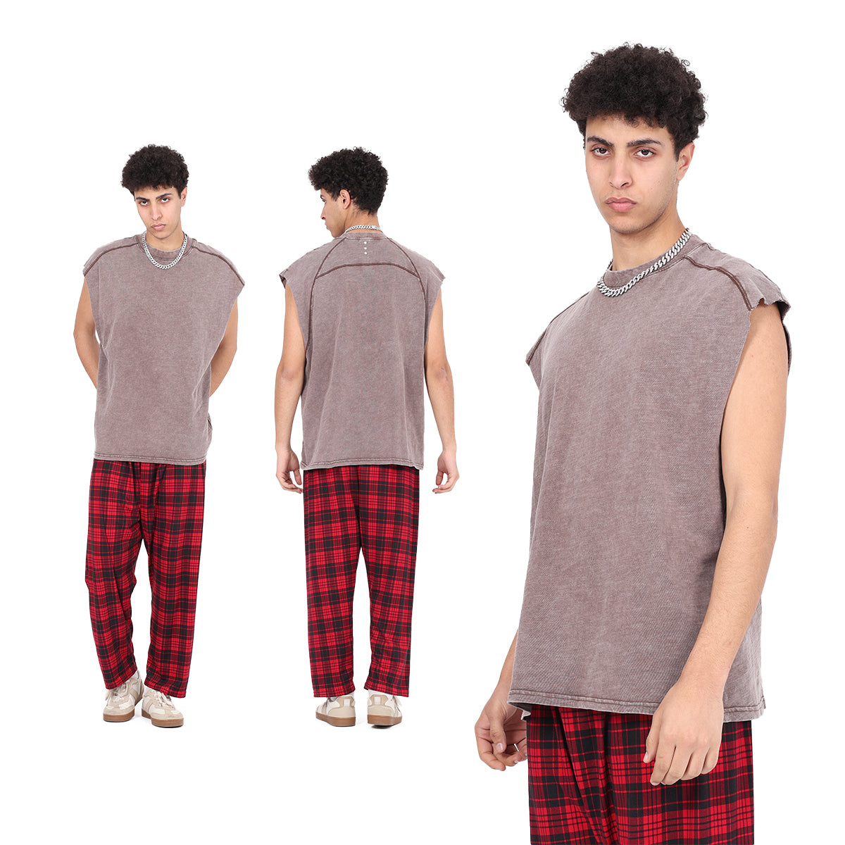 Vintage Washed Bamboo-rib Cotton Vest Raw-edge Sleeve Patched and Stud-embellished Design Chill Vibes Sleeveless T-shirt