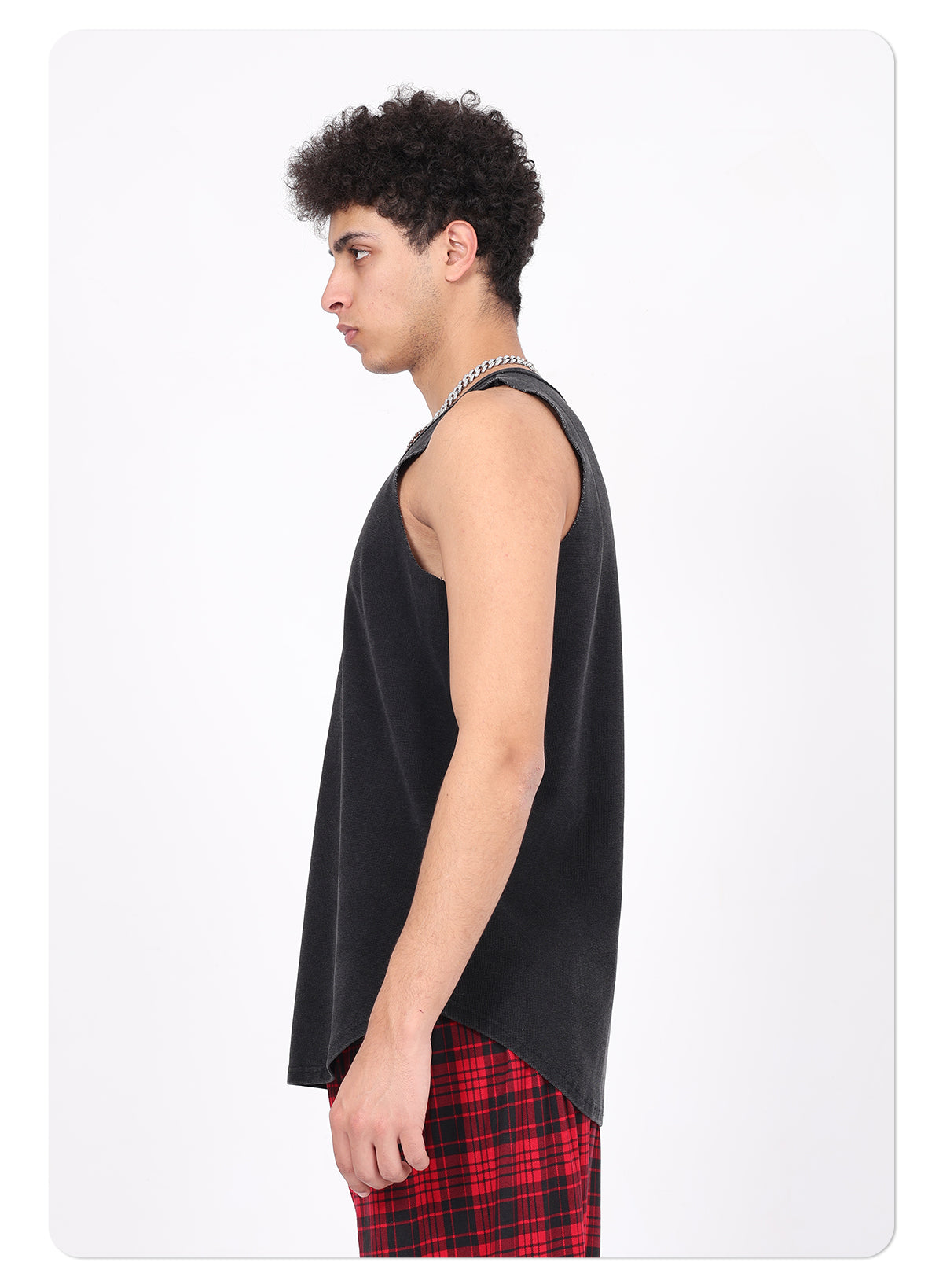 Vintage 325g Waffle U-neck Batik Washed Reverse Topstitching Raw-Edge Hem Sleeveless T-shirt