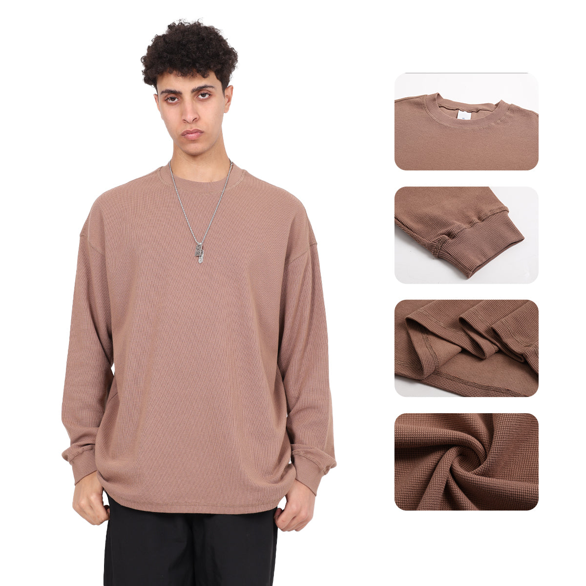Men's High-Quality Breathable Waffle 330GSM Round-neck Loose-Fitting Casual Long-sleeved T-shirt