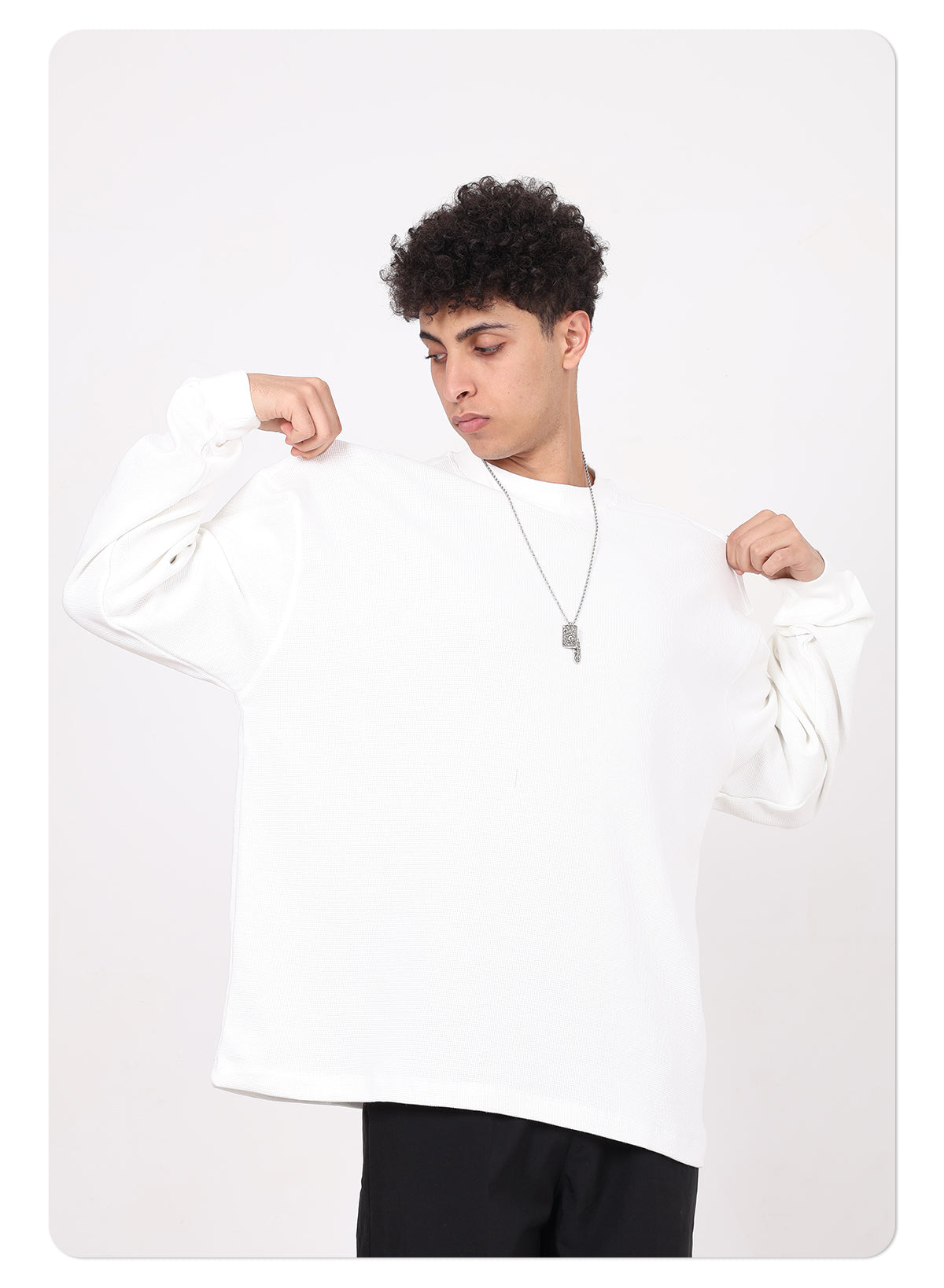 Men's High-Quality Breathable Waffle 330GSM Round-neck Loose-Fitting Casual Long-sleeved T-shirt