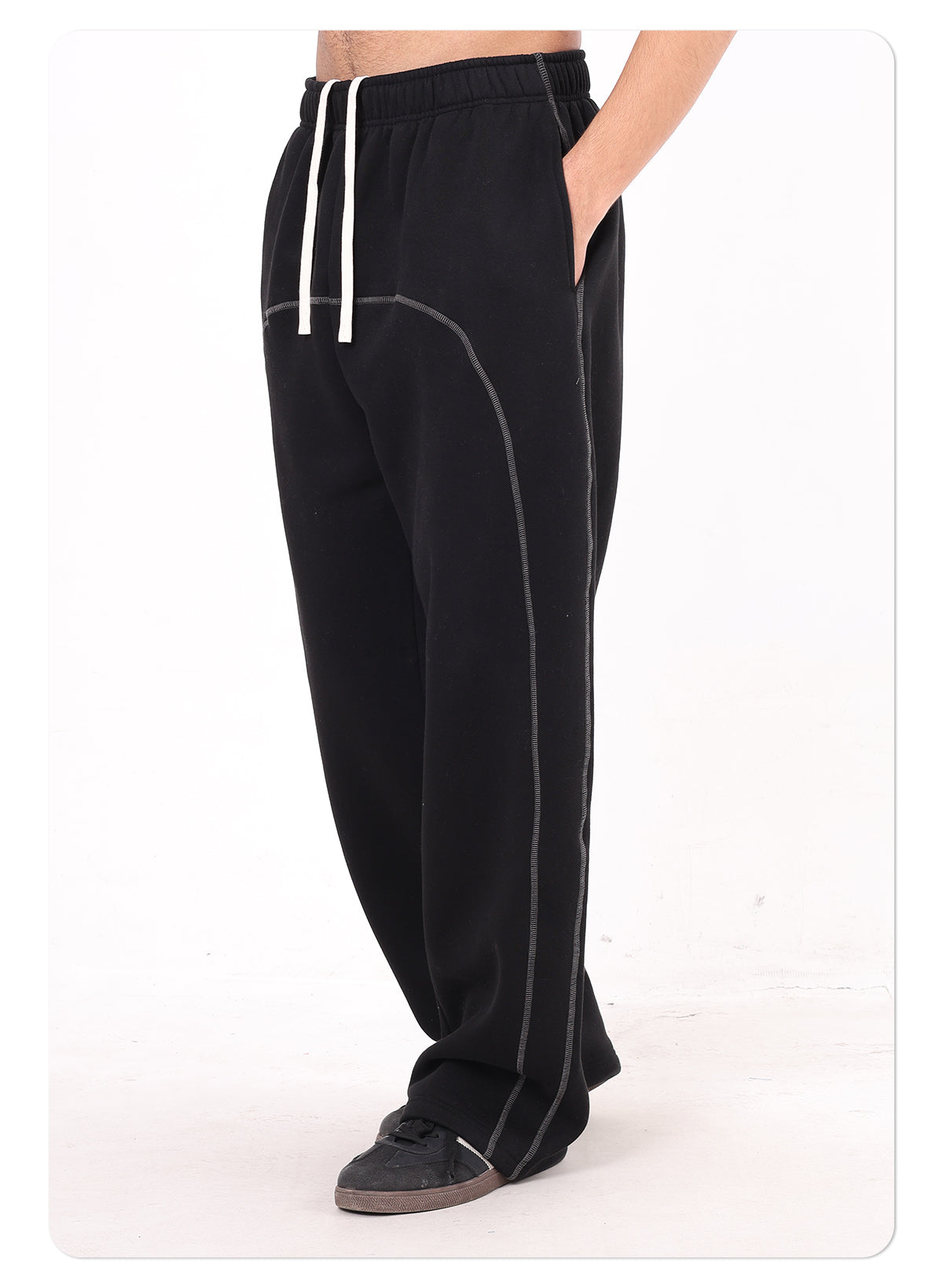 Men's 350GSM Fleece Wide Leg Pants with 3-Needle Cover Stitch Design, Casual Drawstring, and Contrast Color