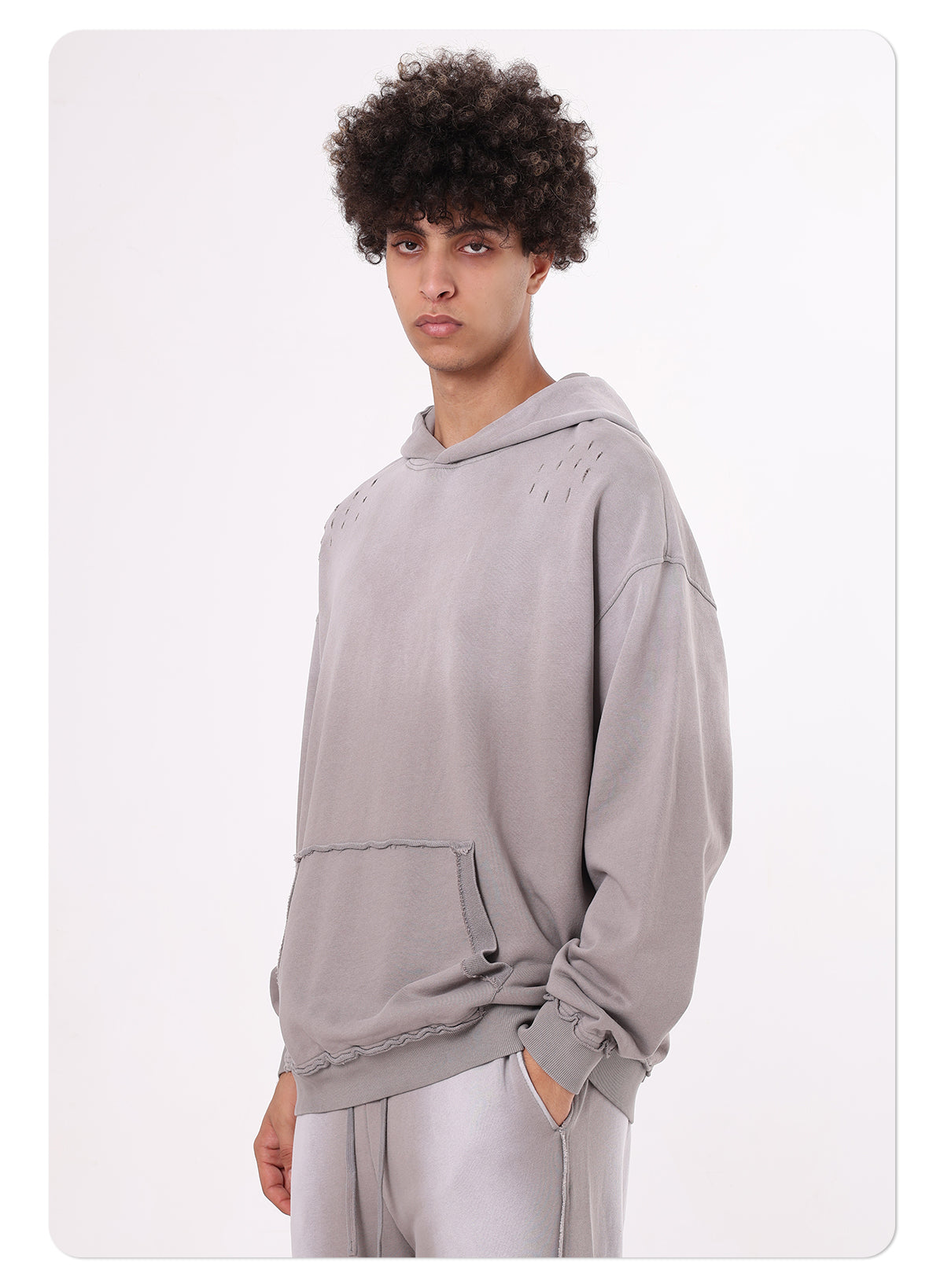 High street distressed hoodie batik washed gradient loose pure cotton American style damaged hoodie