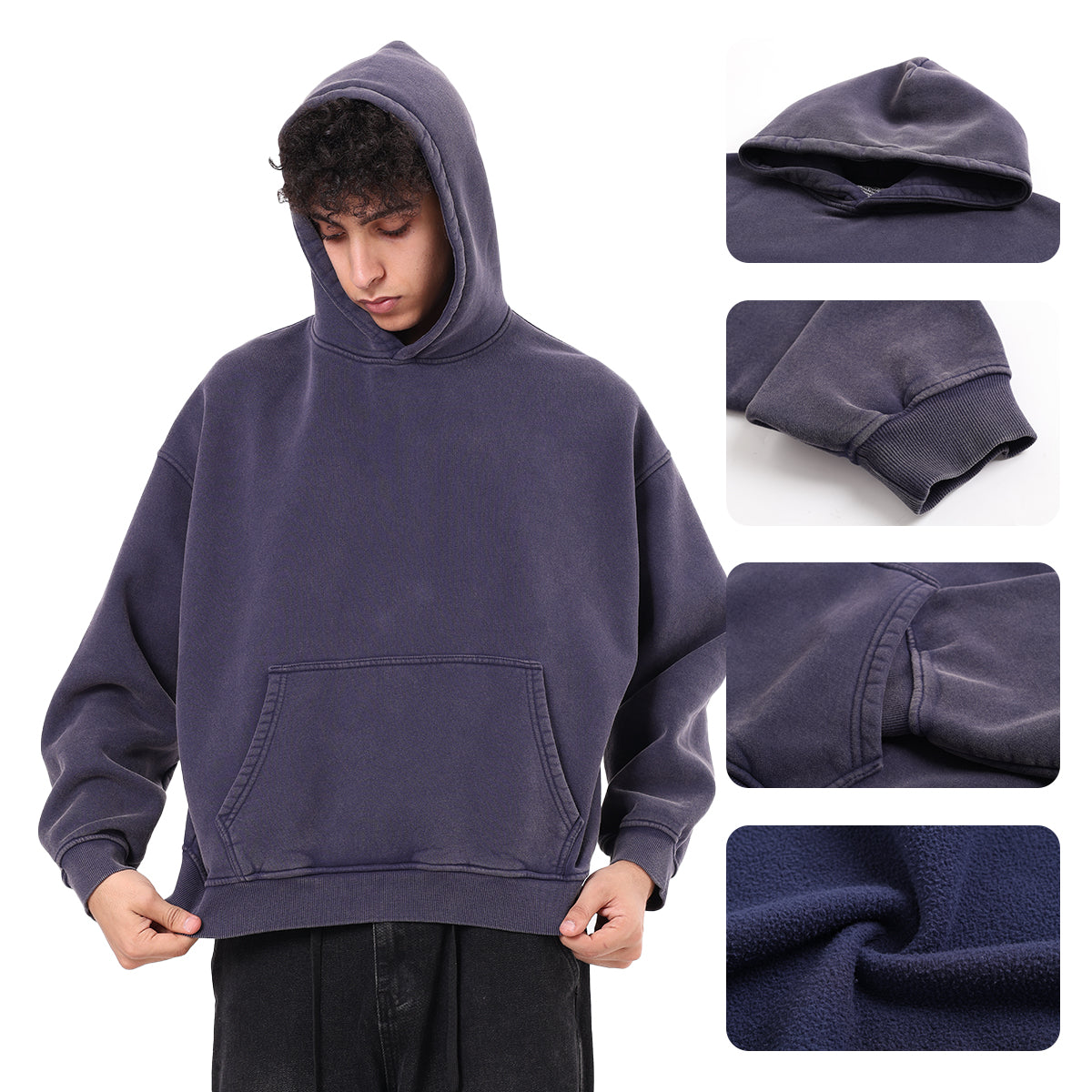 400GSM Vintage Washed Short and Wide Boxy-Fit Fleece Hooded Sweatshirt Snow-wash Loose Casual Hoodie for Men