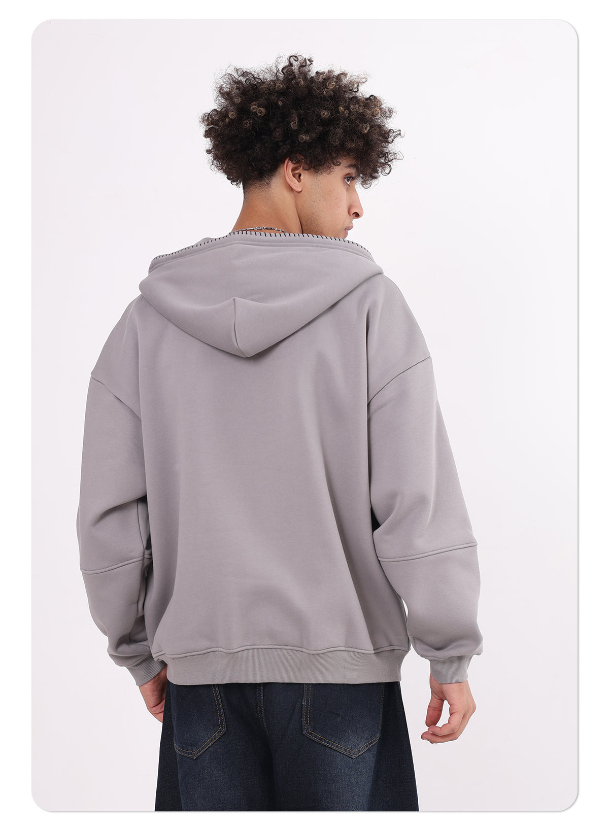 Men's Vintage Winter 385GSM Fleece Zipper-up Hooded Jacket Lock-stitch Embroidery Front-opening Zipper Hoodie