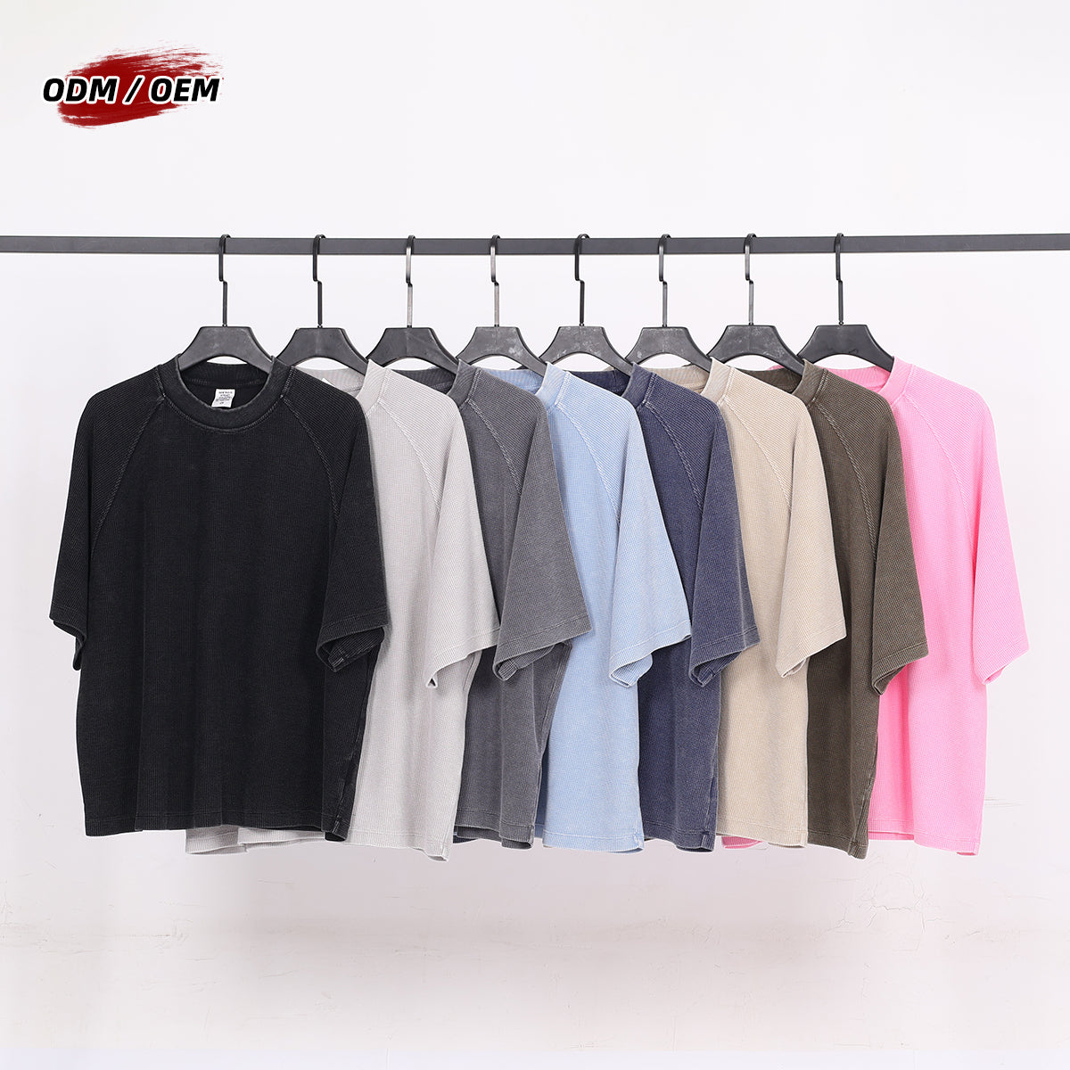 Men's Summer Basic Vintage Washed Boxy-Fit Waffle Raglan T-shirt Oversized Print Logo Streetwear T-shirt