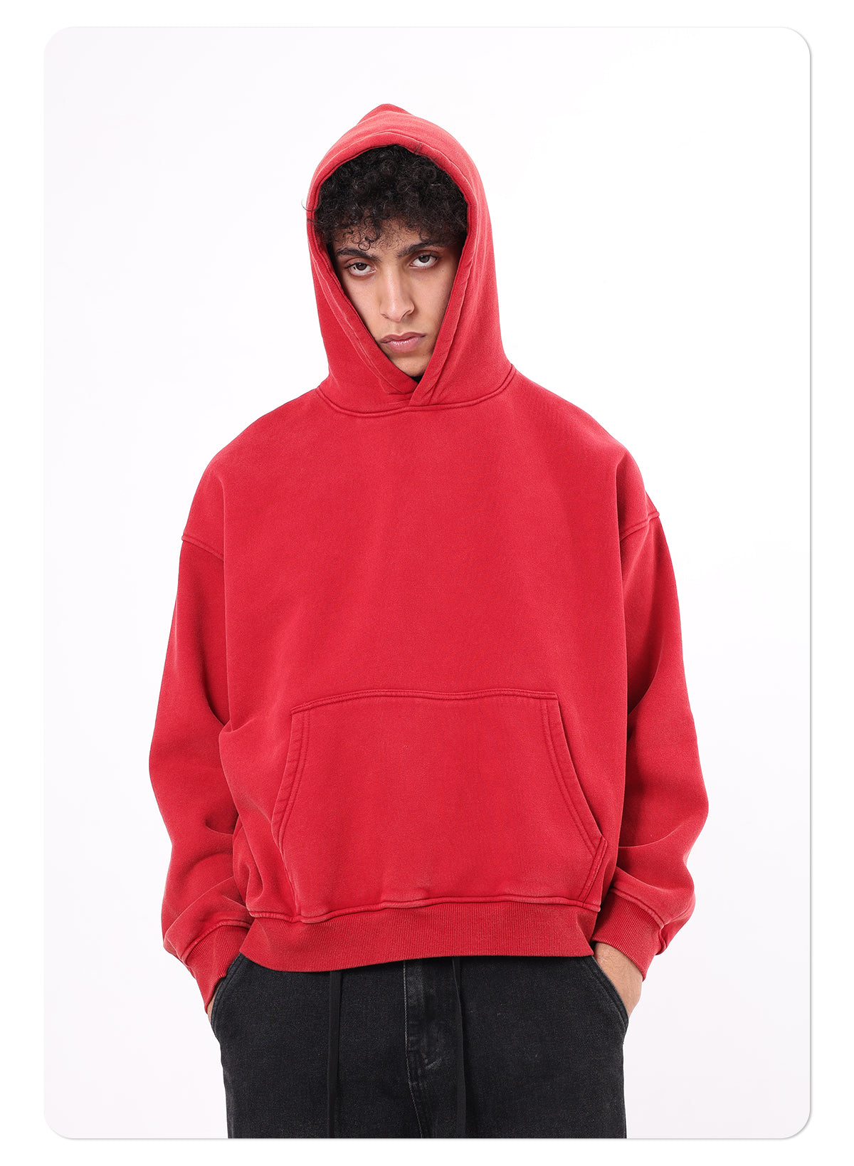 400GSM Vintage Washed Short and Wide Boxy-Fit Fleece Hooded Sweatshirt Snow-wash Loose Casual Hoodie for Men