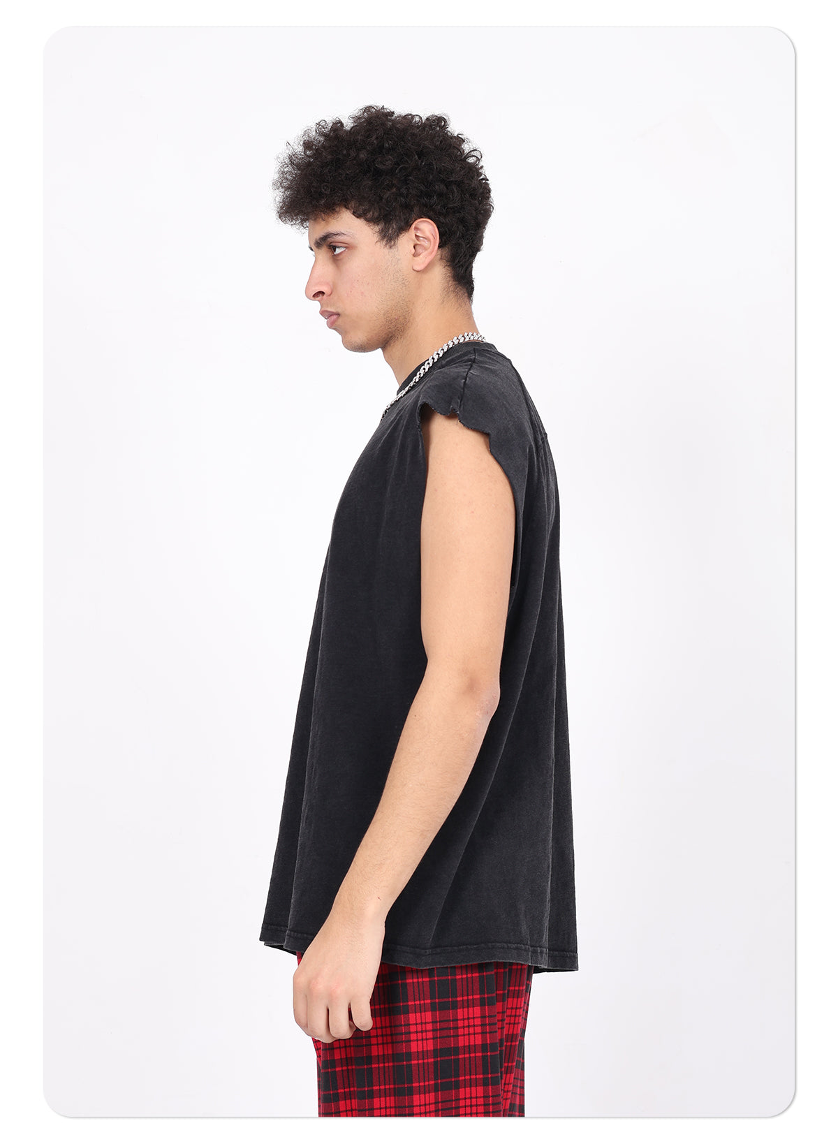 Vintage Washed Bamboo-rib Cotton Vest Raw-edge Sleeve Patched and Stud-embellished Design Chill Vibes Sleeveless T-shirt