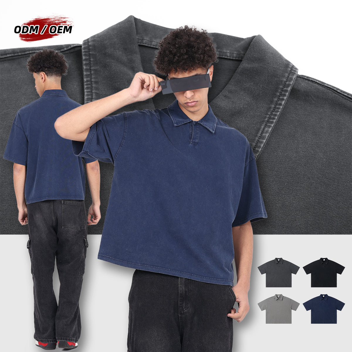 Men's 100% Cotton Vintage Snow Wash Distressed High-Street Boxy Fit Polo-Collar Short-Sleeve T-shirt