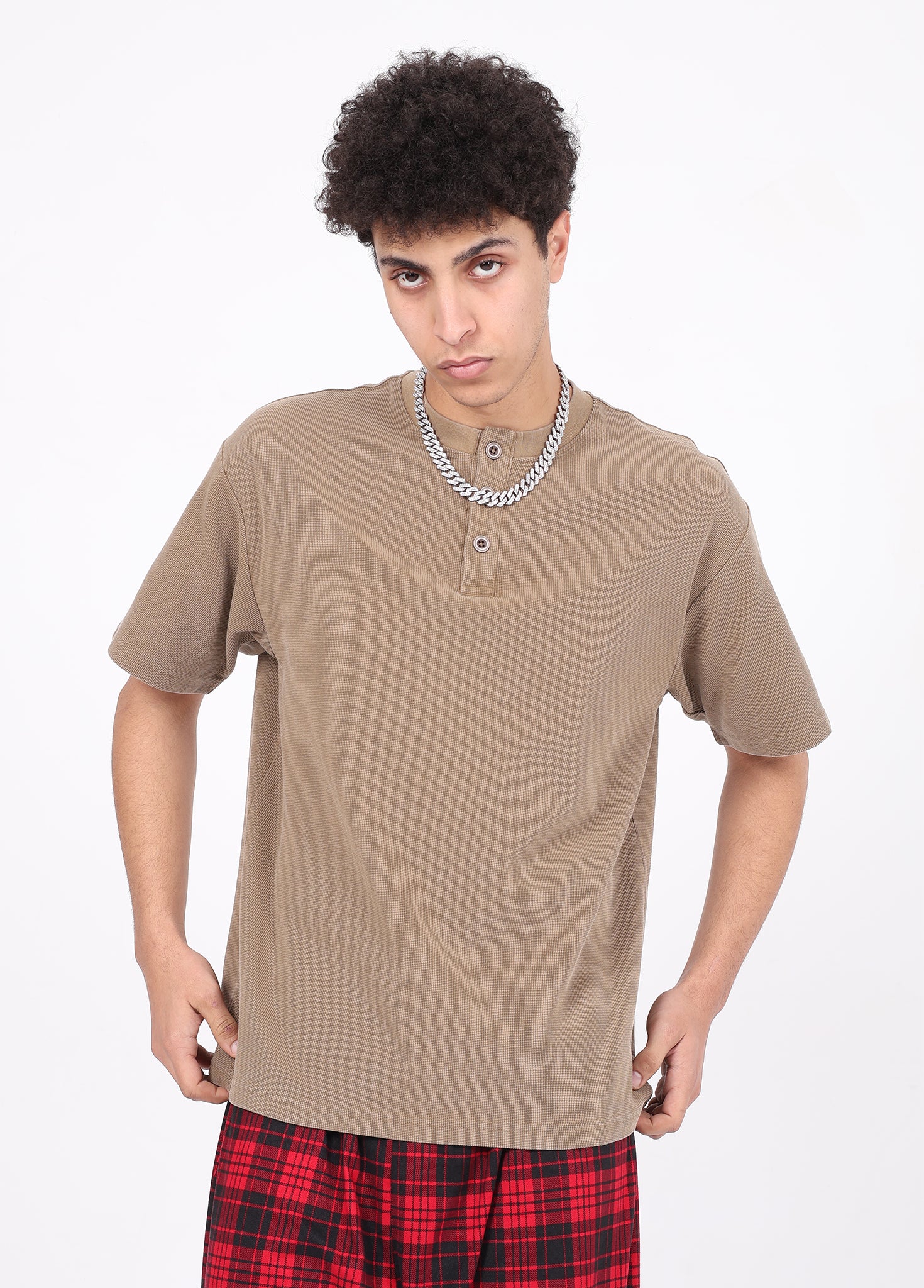 Henley Neck Batik Waffle Knit T-shirt