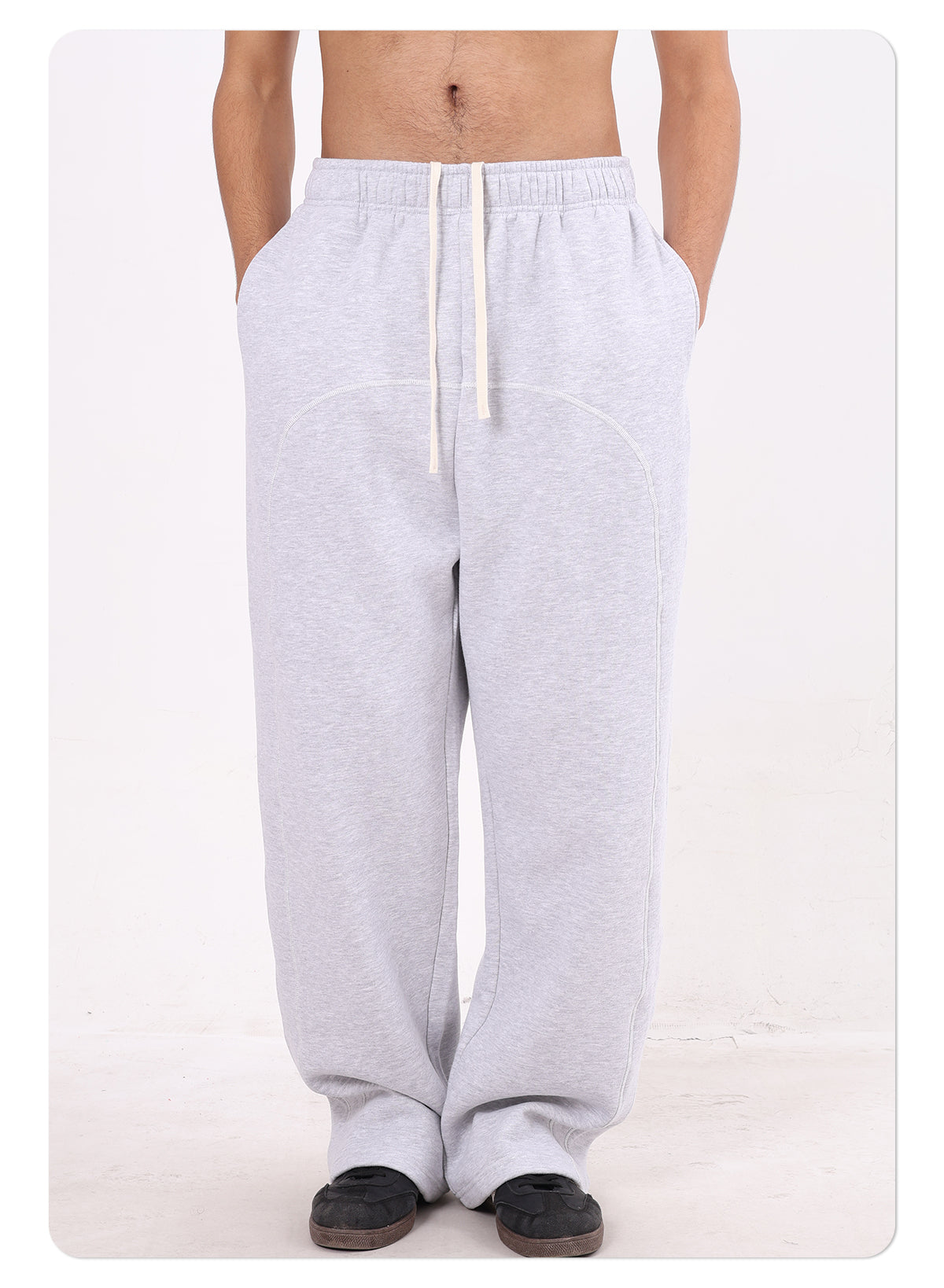 Men's 350GSM Fleece Wide Leg Pants with 3-Needle Cover Stitch Design, Casual Drawstring, and Contrast Color