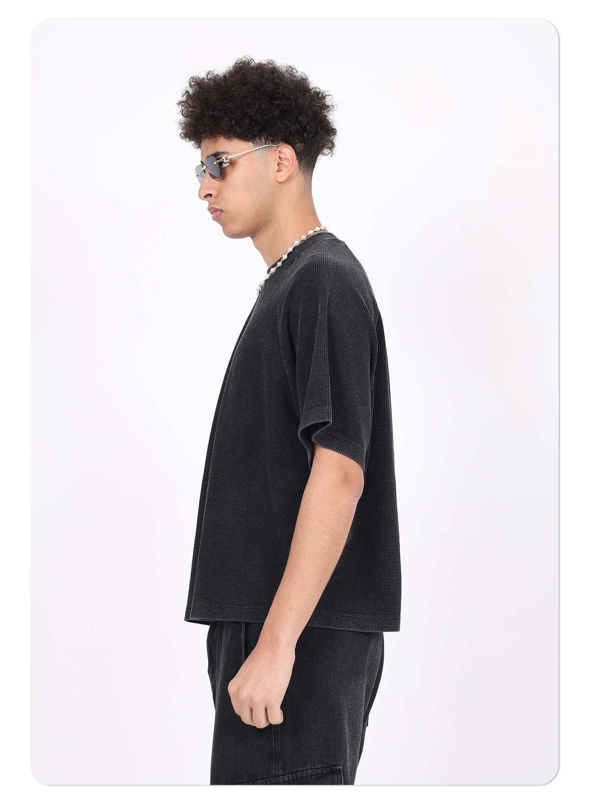 Men's Summer Basic Vintage Washed Boxy-Fit Waffle Raglan T-shirt Oversized Print Logo Streetwear T-shirt