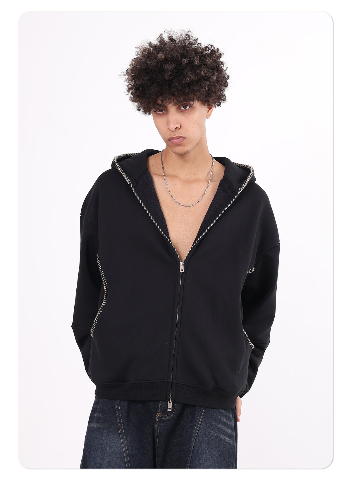 Men's Vintage Winter 385GSM Fleece Zipper-up Hooded Jacket Lock-stitch Embroidery Front-opening Zipper Hoodie